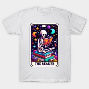 Tarot Cosmic Book Lover Skeleton Reading Under the Stars T-Shirt